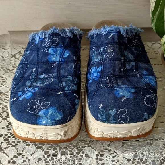 Y2K 90s Vintage Floral Distressed Chunky Platform Mules Clog Sandals Blue Size 8 - Picture 3 of 8